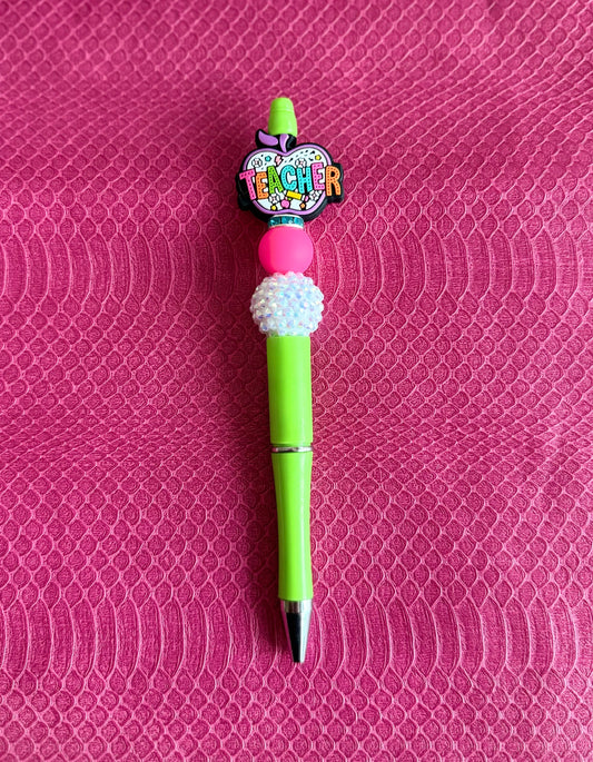 Lime Green pen with decorative top apple shape 'Teacher' text silicone focal bead